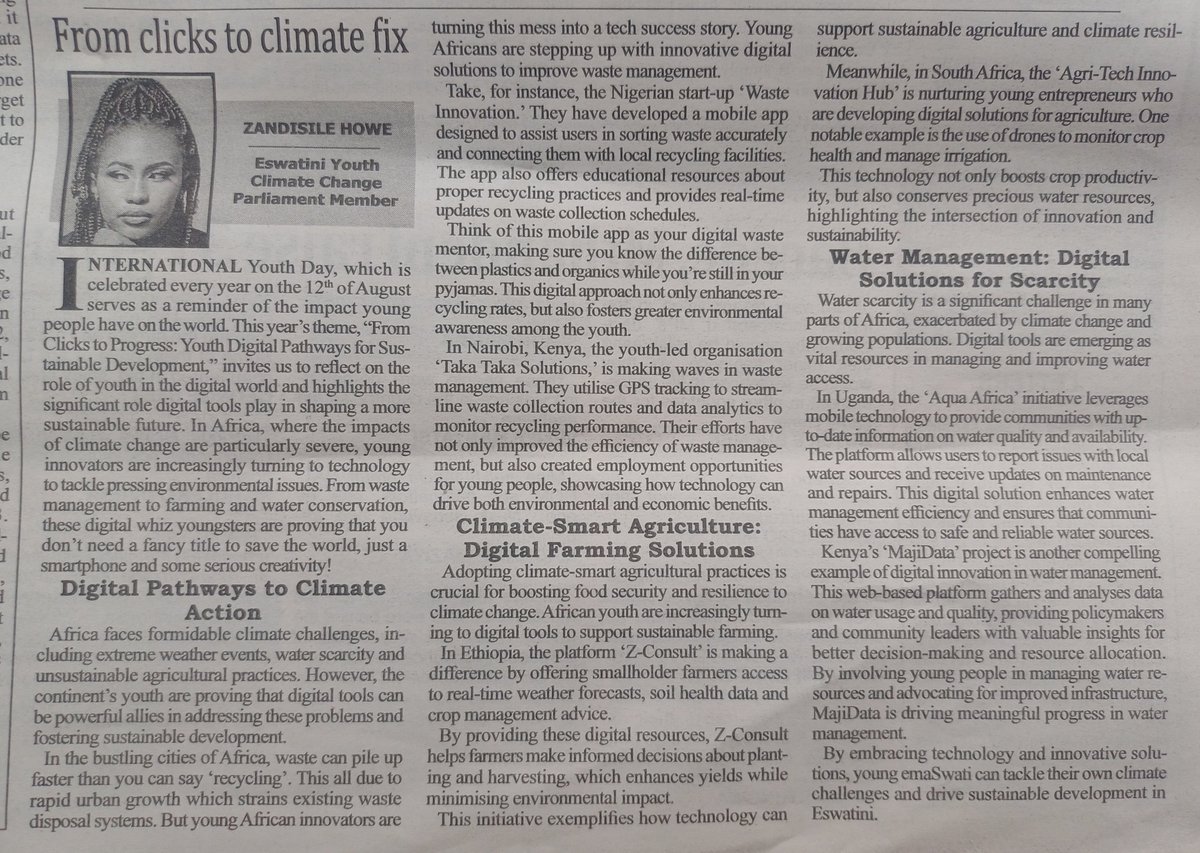 Zandisile_Howe's tweet photo. In todays Times of Eswatini ✨ inspired by the theme of International Youth day 2024

#InternationalYouthDay2024 #ClimateAction https://t.co/5mnMdRwxWP