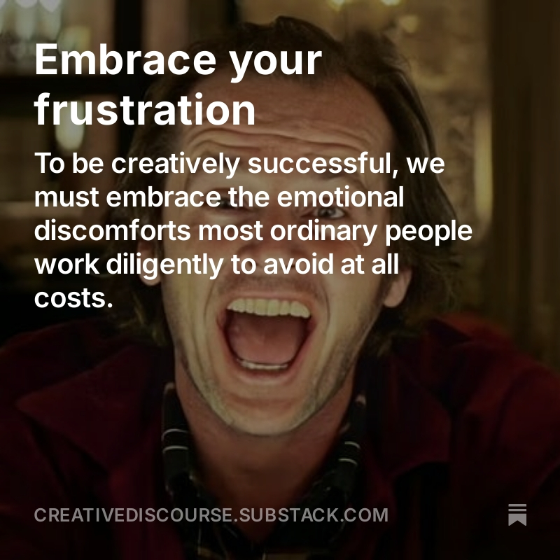 schausmichael's tweet image. Feeling frustrated lately? My latest Creative Discourse newsletter:

"Those humors are what drive us to amplify our efforts. Frustration is a fuel we must harness to move forward, rather than a bludgeon from which we should retreat."

open.substack.com/pub/creativedi…