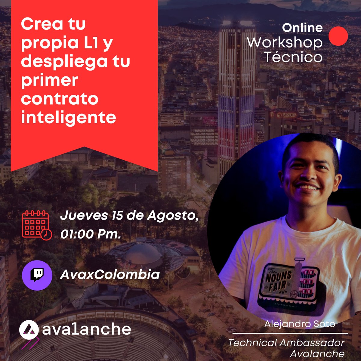 🔺 Avalanche Workshop At Blockchain Summit LatAm 🌎

Today <a href="/alejandro99so/">🔺lejandro 🇨🇴</a> will be showing developers at <a href="/BlockSummitLA/">Blockchain Summit Latam</a> how to launch their own L1 on the Avalanche network. Also streaming on twitch.

Tomorrow we will be on a panel on the main stage.

<a href="/AvaxColombia/">Avalanche Colombia 🔺🇨🇴</a> 🔺🇨🇴