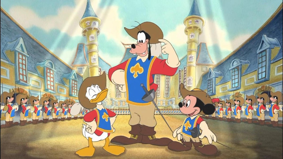 DisneyReact's tweet photo. 🎂 Hoy se cumplen 20 años del estreno directamente en DVD de 'Mickey, Donald, Goofy: Los Tres Mosqueteros' ⚔️🇫🇷

Divertidísima adaptación de la obra de Alejandro Dumas que curiosamente fue la primera vez que Mickey, Donald y Goofy protagonizaban una película juntos https://t.co/ZZnAR4MA1y