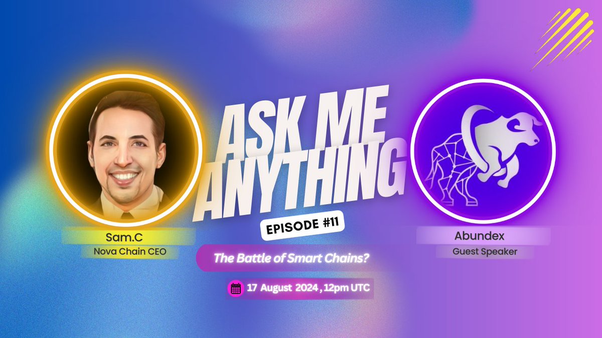 👀 Upcoming:

🔸 Join us for an AMA session with our CEO <a href="/samnovachain/">Sam C</a> and the <a href="/AbunDexOfficial/">AbunDex 💎</a> community!

📅 Date: 17 August 2024
🕛 Time: 12:00 PM UTC / 8:00 PM GMT+8
🔗 Link: x.com/i/spaces/1djGX…

💙 Don’t miss out on insights into the battle of smart chains and find out