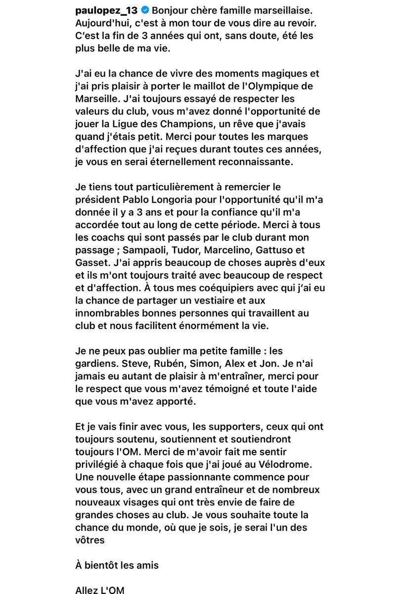 LaMinuteOM_'s tweet photo. 🇪🇸 Le message de Pau Lopez qui annonce son départ de l’OM 👋

Bonne continuation à lui ! humainement, c’était quand même la classe. #TeamOM https://t.co/z2uRt6jF5J