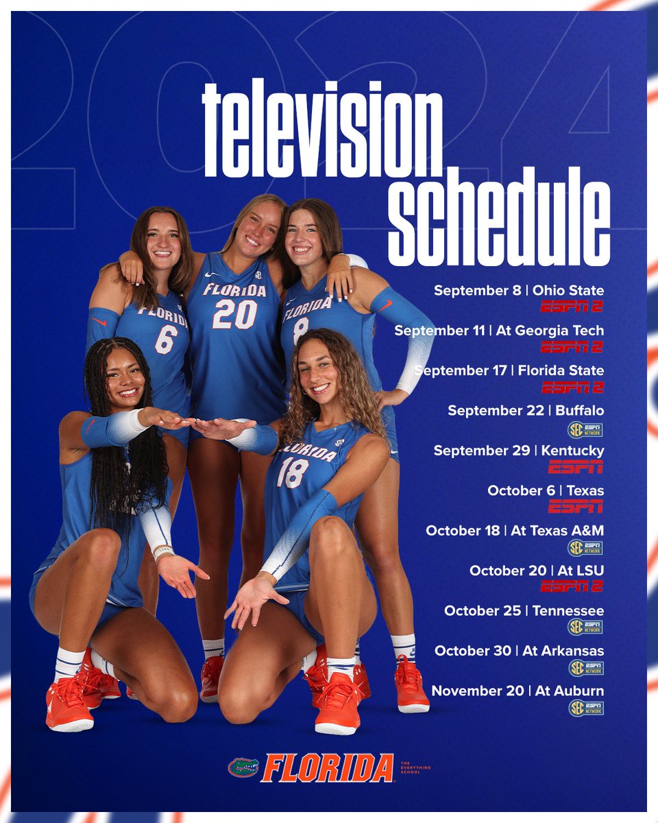 GatorsVB's tweet photo. 📺🐊🏐

Eleven Florida volleyball matches will be televised throughout the 2024 regular season! 

🔗: https://t.co/qxugfcBi0H

#GoGators https://t.co/hp8ibBnYi2