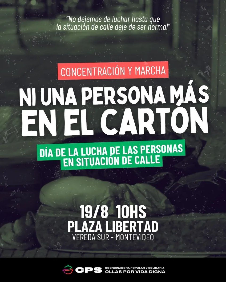 IntersocialUY's tweet photo. HASTA QUE ESTAR EN CALLE DEJE DE SER NORMAL
NO MÁS MUERTES EN CALLE

🗓️ 19/8 · 10 hs
📍 Plaza Cagancha

Conmemoramos 20 años de la Masacre de Sé en Brasil, y marchamos por una vida digna, vivienda y solidaridad. 

¡No más muertes en calle! https://t.co/xoQSLbPRRj
