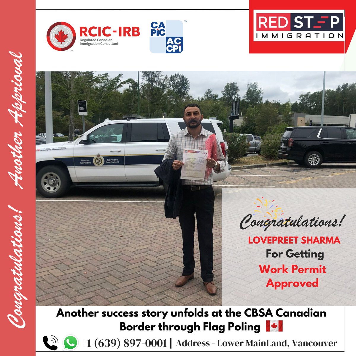 _Redstep's tweet image. Big congrats to Lovepreet Sharma on securing a work permit through flagpoling! 🌟 A quick trip, a big win—your Canadian dream just took another step forward! 🇨🇦 #RedstepImmigration #WorkPermitSuccess #Flagpoling"