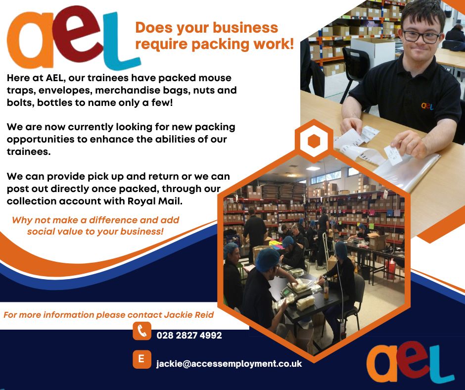 🌟 AEL’s Packaging &amp; Assembly 🌟
@Accessemployme1 excels in packaging everything from mouse traps to beer bottles with top-notch quality.

Need a quote? Contact Jackie Reid at jackie@accessemployment.co.uk or 028 2827 4992.

#Packaging #SocialEnterprise #AEL
