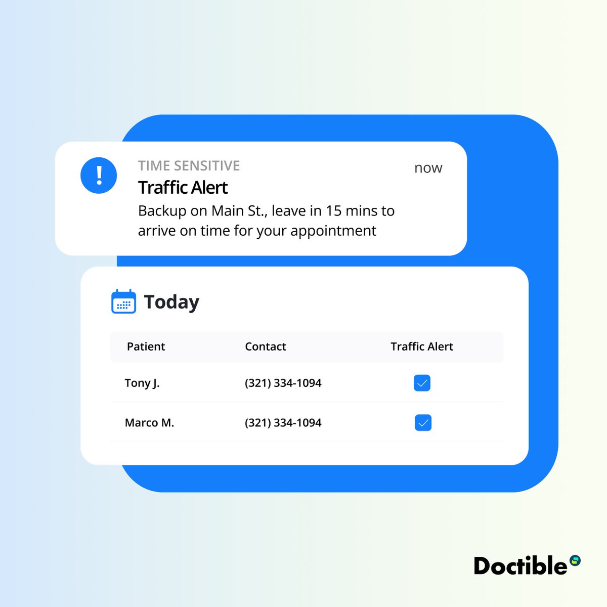 doctible's tweet photo. Reduce late arrivals with Doctible’s Traffic Alerts! 

Send patients real-time traffic updates and directions to ensure on-time appointments. 

Book a demo today! https://t.co/pCrP2tuUpw

 #HealthcareTech #PatientEngagement #Doctible https://t.co/ei6MRFIs2x