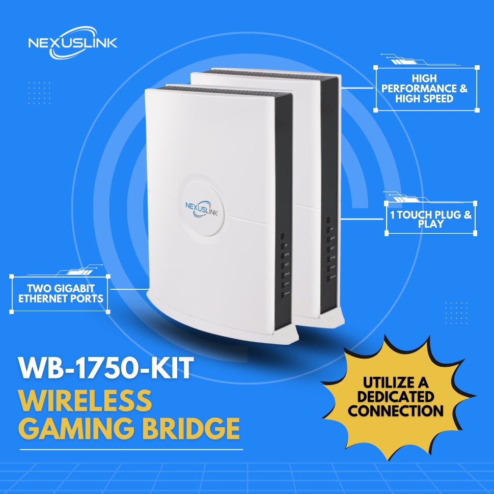 nexuslinkusa's tweet photo. Ready to level up your gaming and streaming experience? 🎮 The Wireless Gaming Bridge delivers high-powered, lag-free performance with its point-to-point LAN and 5GHz band. Use your own secure connection for uninterrupted play with NexusLink’s WB-1750-KIT! 🕹️🚀 #NexusLink https://t.co/SefUsK4JRN