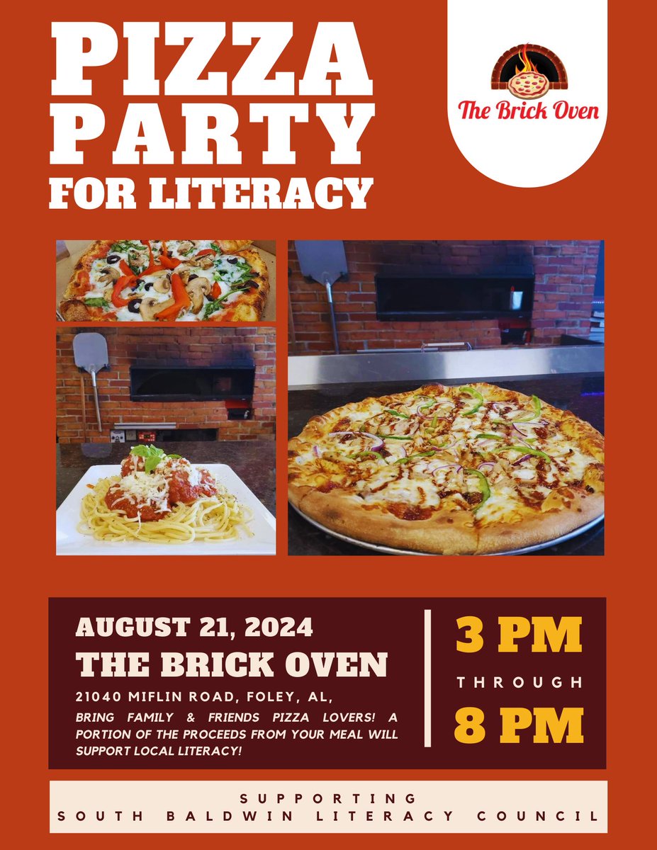 CityofFoley's tweet photo. No dinner plans this evening? Why not help support the South Baldwin Literacy Council just by ordering a couple delicious pizzas from The Brick Oven?
See details below.
#foleyforward #foleyalabama https://t.co/rgjTQ4njMu