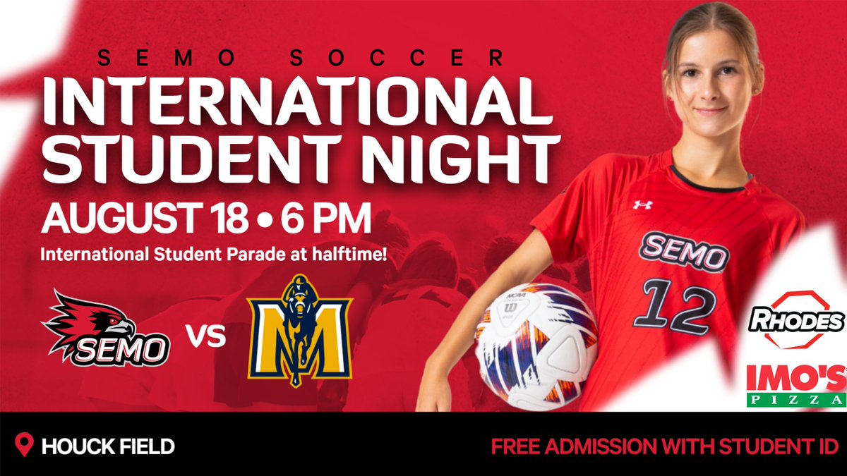 Come out to Houck Field this Sunday at 6 PM for International Student Night! Celebrate the many cultures across our campus as we honor our students from around the world! Participate in the International Student Parade at halftime!

Admission is FREE with a SEMO Student ID!