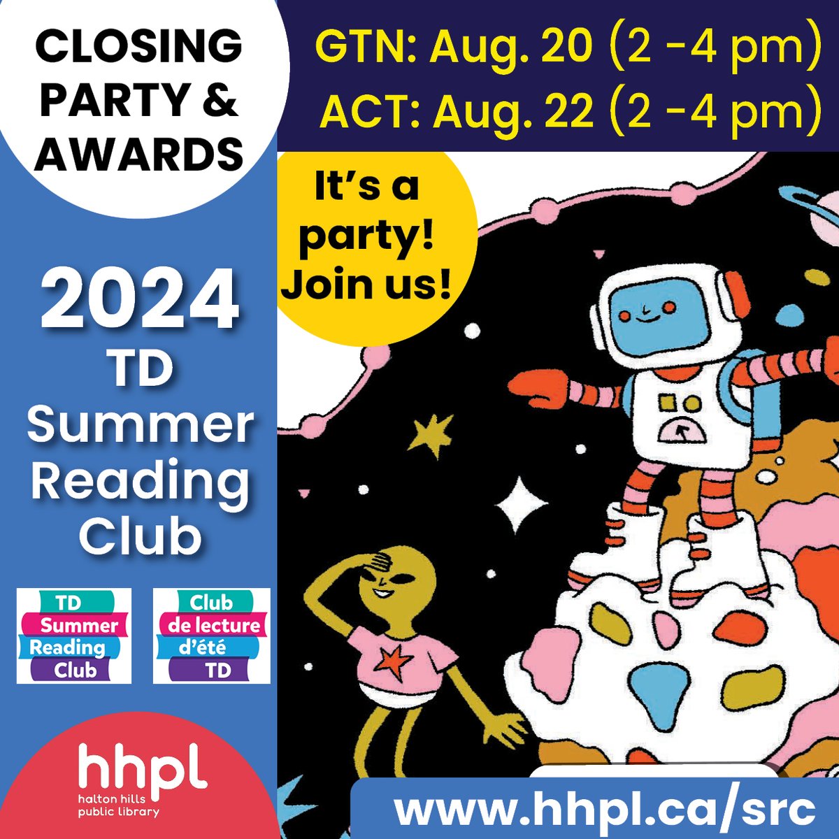HaltonHillsPL's tweet photo. MISSION ACCOMPLISHED!
Join us for the TD Summer Reading Club closing parties & awards ceremonies! Drop-in for games, crafts, cake and more. Details: https://t.co/WJbBNKmuME
#HHPL #HaltonHills #TDSRC @TDSRC
Georgetown Branch: August 20 (2 -4 pm)
Acton Branch: August 22 (2 -4 pm) https://t.co/K3vkENxsdl