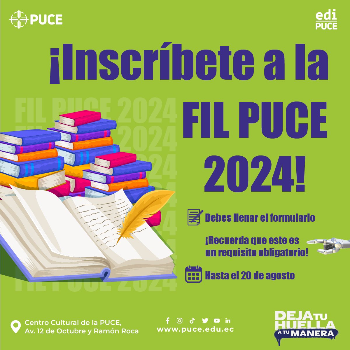 Editorial PUCE (@publicapuce) on Twitter photo 🧐¿Te gustaría participar en la FIL PUCE? 
🚨El primer paso es llenar el formulario de inscripción🚨
Recuerda que este es un requisito obligatorio 
¡Nos vemos en la FIL PUCE 2024! 
Link de inscripción
forms.gle/Sh5BLMRT2dopG5…
#feriadellibro #libros #cultura #FILPUCE2024 #booklover 🧐¿Te gustaría participar en la FIL PUCE? 
🚨El primer paso es llenar el formulario de inscripción🚨
Recuerda que este es un requisito obligatorio 
¡Nos vemos en la FIL PUCE 2024! 
Link de inscripción
forms.gle/Sh5BLMRT2dopG5…
#feriadellibro #libros #cultura #FILPUCE2024 #booklover