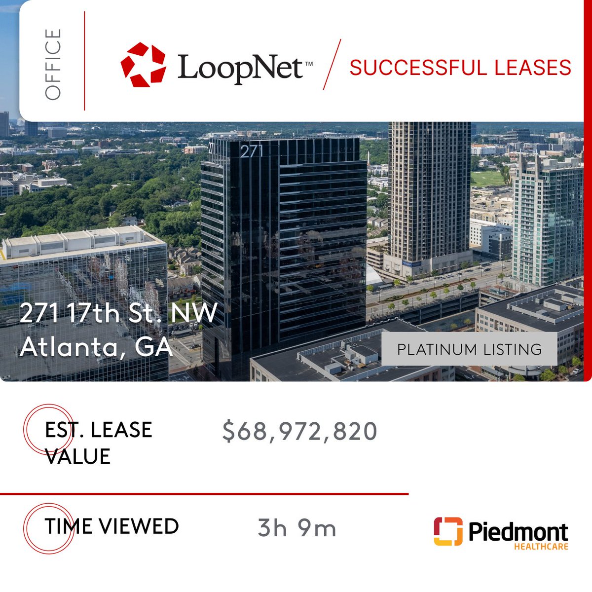 LoopNet's tweet image. Check out this amazing deal closed after listing on LoopNet! Piedmont Health spent over 3 hours viewing this office space before signing.
Make your property stand out and connect with the largest audience of high-intent commercial tenants and buyers.
🔗 bit.ly/3YFRICu