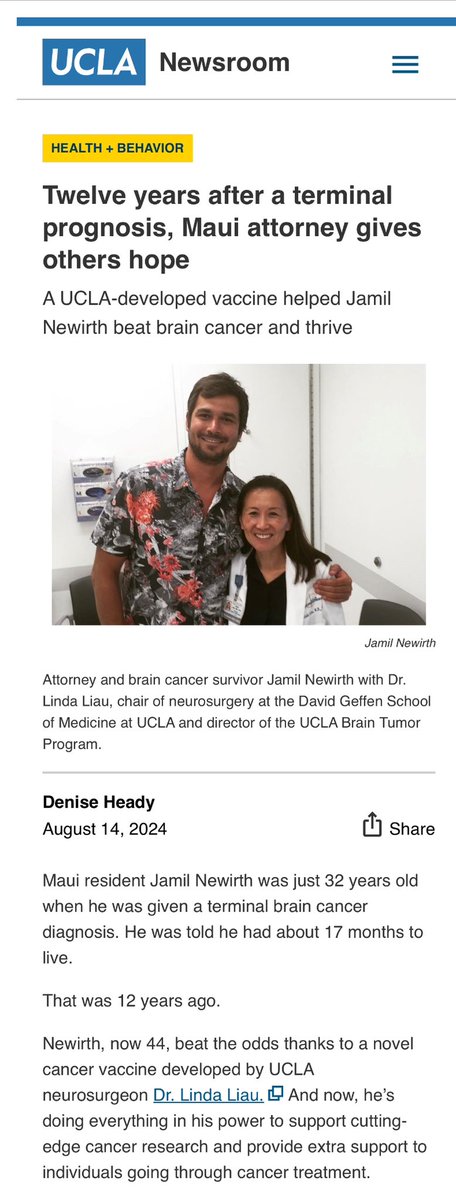 Glioblastoma (GBM) patient treated with $NWBO #DCVax-L by Dr. Linda Liau has lived for 12 years after his diagnosis. I look forward to the time when all newly diagnosed &amp; recurrent GBM &amp; all malignant glioma patients will have access to DCVax: newsroom.ucla.edu/stories/ucla-v…