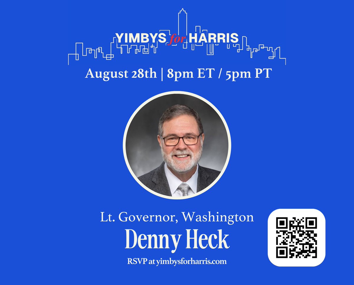 YIMBYDems's tweet photo. Washington state's champion for building more homes of *all kinds* for all their neighbors, Lt. Gov. Denny Heck @LtGovDennyHeck/@DennyHeck will join the #YIMBYsForHarris call on Wednesday, August 28 @ 8pm ET/5pm PT!

Register at https://t.co/0T6obCuyvg to hear how a
#HarrisWalz2024 administration could usher in a "Year of Housing" nationwide.