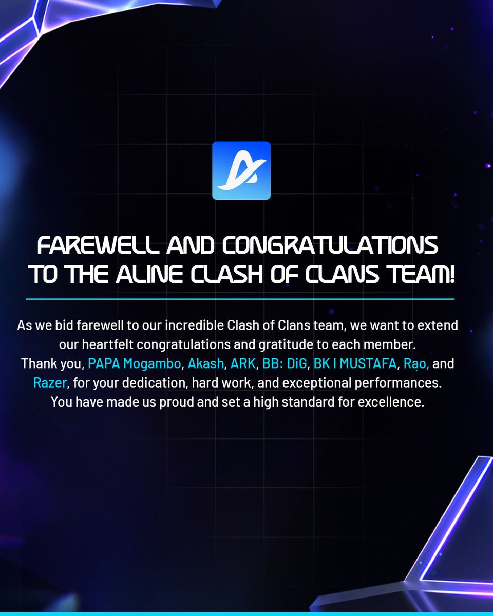 Hey Chiefs!

It's time to bid farewell to our incredible Clash of Clans roster. We’re immensely proud of what this team has achieved together!

Read More - a1ine.gg/news/aline-bid…

#EndlessAmbition | #LimitlessDrive