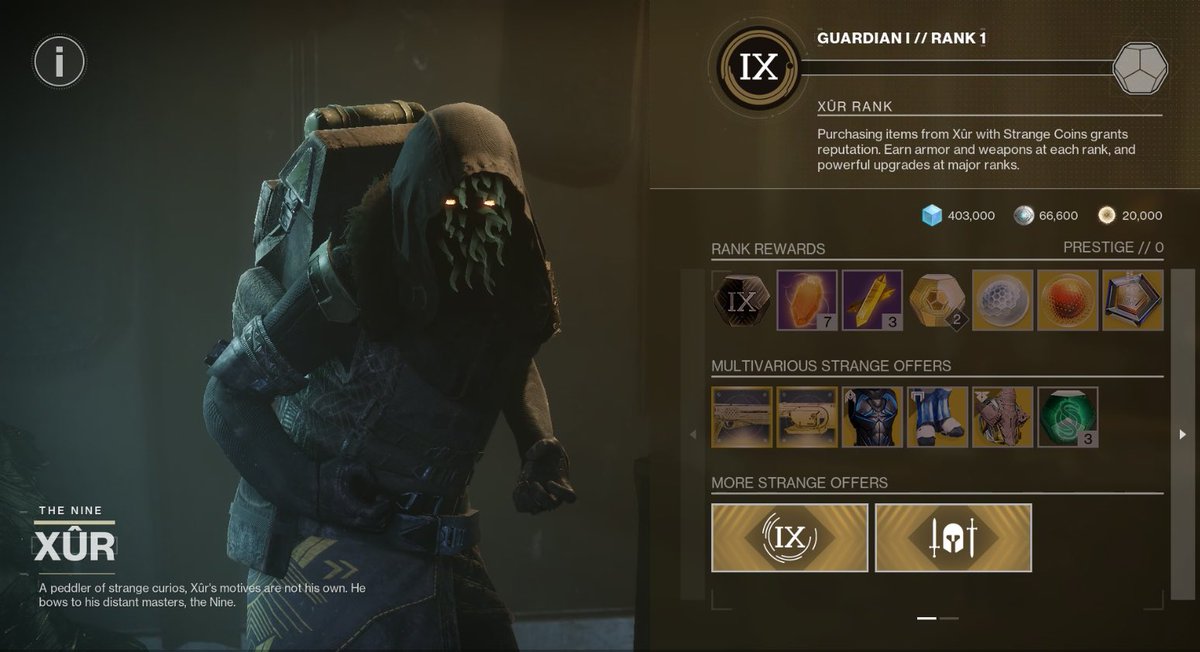 NEW: Xur will sell Exotic Class items | #Destiny2 

Exotic Class Items on Xûr will cost 41 Strange Coins and will have random rolls . The only requirement to get them is to have unlocked the regular acquisition path through the Dual Destiny mission for each character. If not