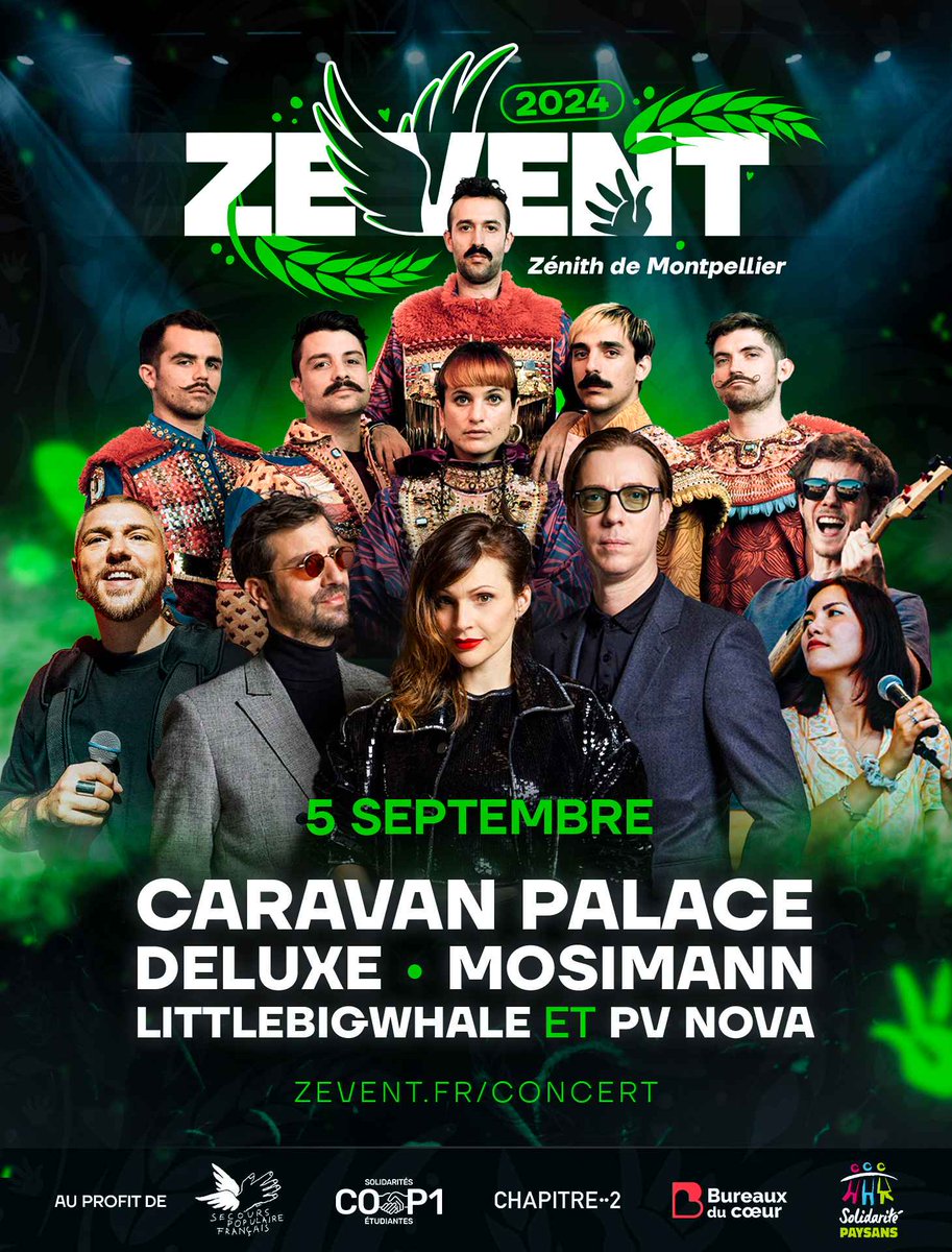 LA BILLETTERIE POUR LE CONCERT DU #ZEVENT2024 EST OUVERTE sur ce lien : my.weezevent.com/concert-zevent…

Nombre de places :
6000 (35€ en fosse, 45€ assis)

Date : 
Jeudi 5 septembre (20h)

Artistes : 
- <a href="/LittleBigWhale/">Marianne</a>  + <a href="/pvnova/">PV Nova</a> 
- <a href="/mosimannoff/">MOSIMANN</a> 
- <a href="/deluxemoustache/">Deluxe</a> 
- <a href="/caravanpalace/">Caravan Palace</a>