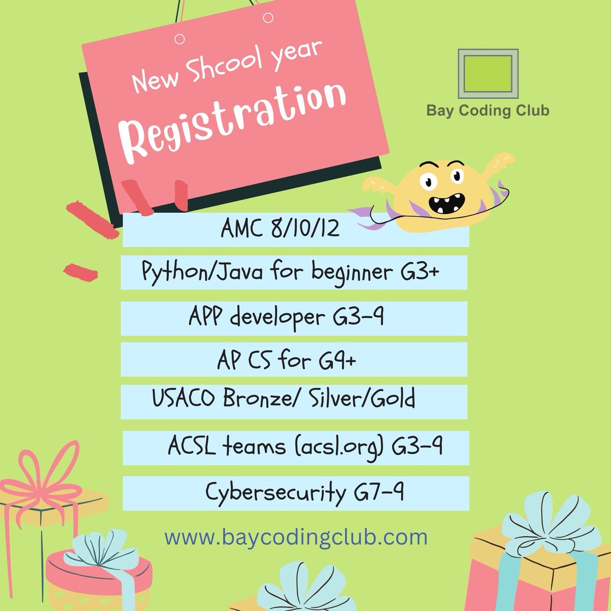 coding_bay's tweet image. The Leading K-12 Technology Education Provider in the Bay Area, California! BayCodingClub New School Year Registration!
ACSL Elementary (Grade 3-6)
baycodingclub.com/product/acsl-e…
ACSL Junior Team (Grade 6-9) Requires evaluation, email to info@baycodingclub.com for more information.