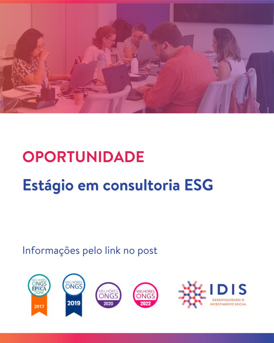 #VemProIDIS | Estamos com uma vaga aberta em nossa equipe! Venha trabalhar com o impacto social positivo na seguinte posição:

- Estágio em consultoria ESG

Saiba mais sobre a vaga e responsabilidades no link e inscreva-se até 22 de agosto! 🔗idis.org.br/vaga-de-estagi…