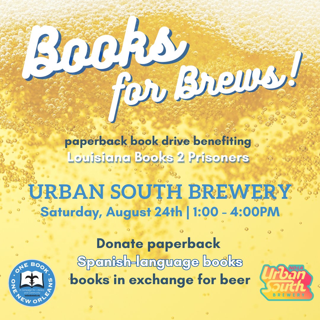 Books for Brews is back! <a href="/LAB2P/">LouisianaBooks2Prisoners</a>  needs PAPERBACK Spanish-language books, which will be sent to people held in ICE facilities. Bring these books to <a href="/UrbanSouthBeer/">Urban South Brewery</a> on Aug 24 from 1-4pm and exchange them for FREE BEER!

You will also have the opportunity to register to vote!