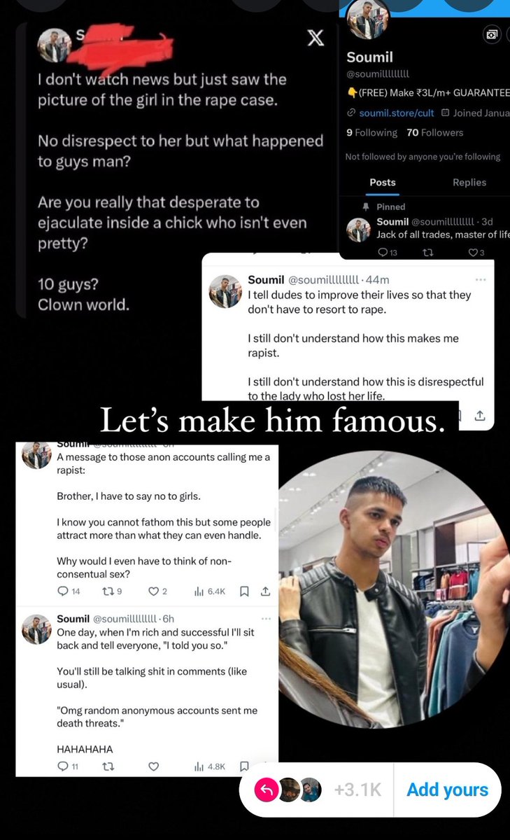 dhoommachale001's tweet photo. your tweets say otherwise. soumil honestly, i hope your parents see these posts. i really wish from the bottom of my heart that you go through the same exact thing in hell that all these sexual assault victims go through on earth. https://t.co/mi8BGheLxW