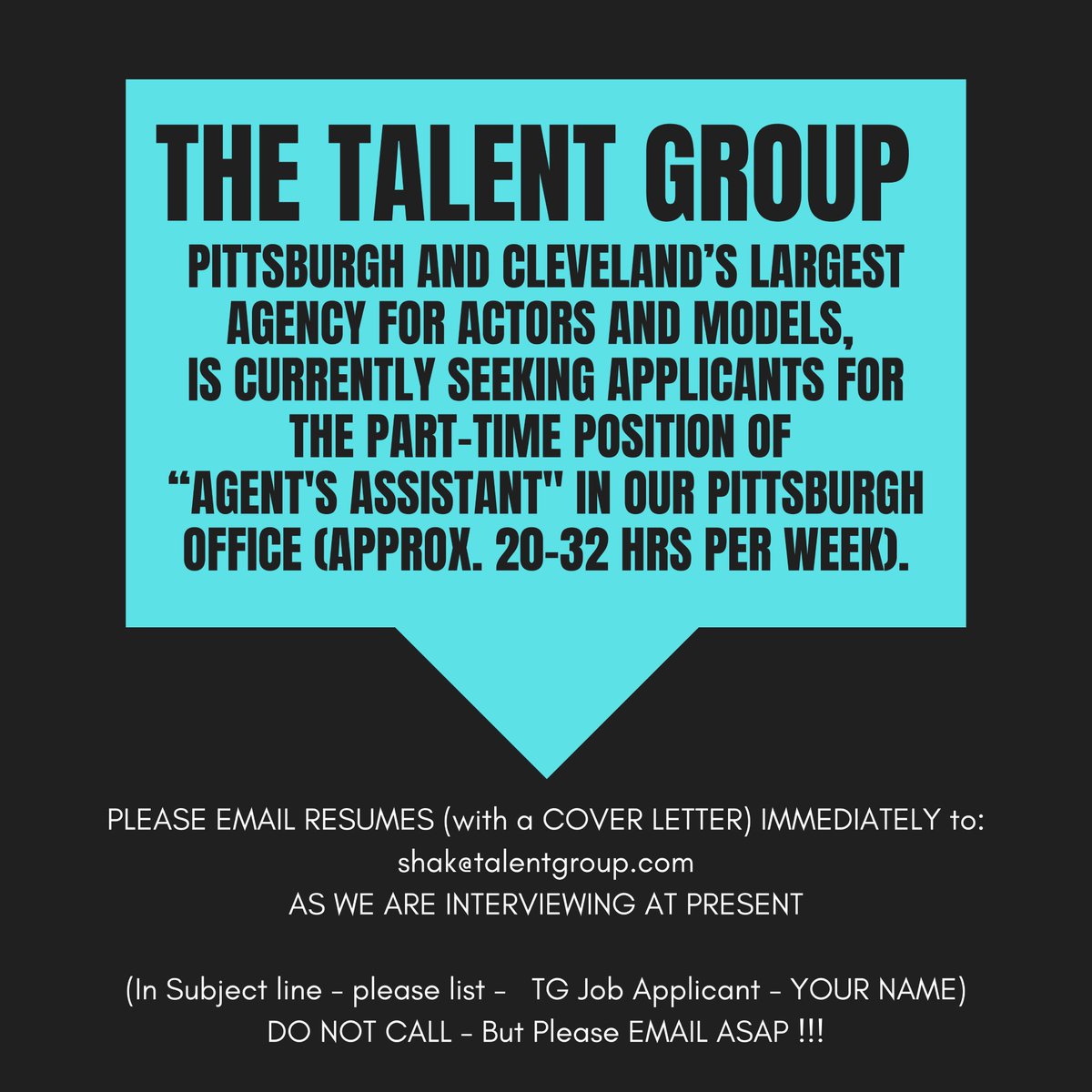 PghFilmOffice's tweet photo. On behalf of The Talent Group:

"NOW HIRING: Part-Time Agent's Assistant (20-32 hrs per week)."

See attached images for more details. 

@TheTalentGroup #pghfilm #jobopportunity #nowhiring #thetalentgroup #agent #agentassistant https://t.co/P4Mqw1C75H