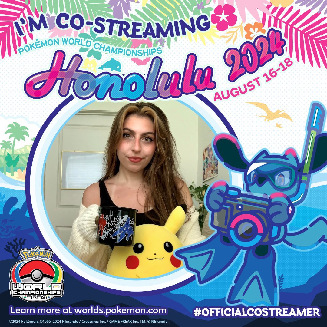 ahhh that’s me!! you can catch me live ALL WEEKEND co-streaming #PokemonWorlds2024 🌺✨

• Friday 8/16 - 3pm ET
• Saturday 8/17 - 6pm ET
• Sunday 8/18 - 7:30pm ET

See y’all there! ☀️🌴🌊