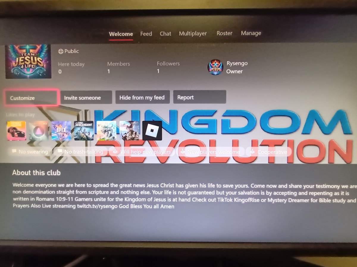 RRysengo's tweet photo. Started a new club on @Xbox safe place for Christian Gamers and those who want to talk Jesus together. All love no hate just spreading the word. God Bless you all 🙏🏽 #christiangamer #JesusIsLord #twitch https://t.co/s6NqLKrRAY