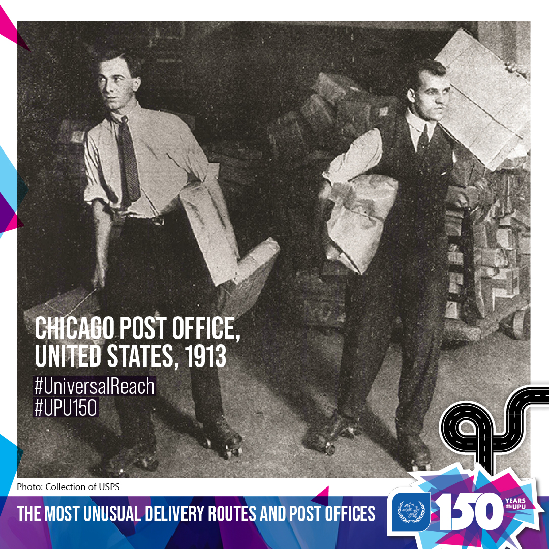 UPU_UN's tweet photo. #UniversalReach: In 1913, the introduction of #ParcelPost led to an avalanche of packages at the #Chicago Post Office. To keep up, some innovative clerks at @USPS wore roller skates to sort mail more quickly, demonstrating their creativity & dedication to service. https://t.co/X8u3gXNgTy