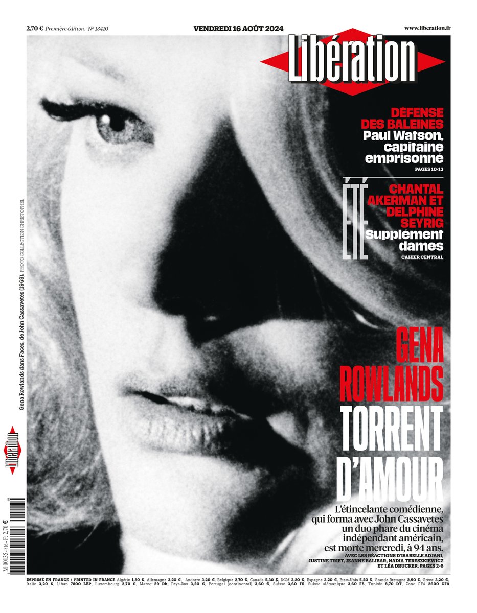 libe's tweet image. ⚫ Gena Rowlands, torrent d'amour. C'est la une de @Libe vendredi. 

L'étincelante comédienne, qui forma avec John Cassavetes un duo phare du cinéma indépendant américain, est morte à 94 ans.