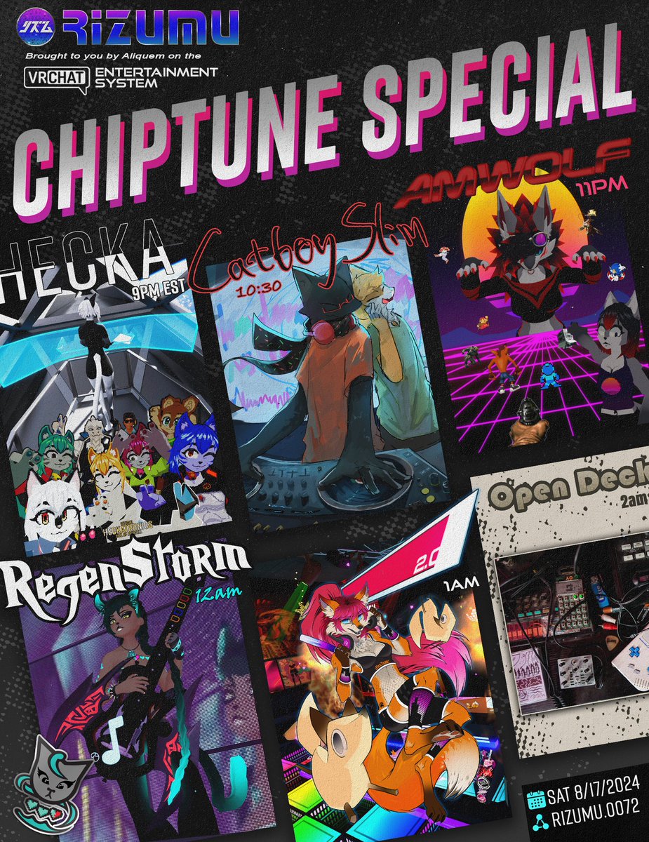 Hey all! Sorry, I'm a teeny bit behind.

We got a really fantastic line-up at <a href="/rizumuvr/">Rizumu Dance Community</a> this Saturday with the first Chiptune Special! If you are a fellow beep-booper, don't fret; this won't be the last Chiptune thing 🕹️
🖼️ Poster / Line-up Coordination: <a href="/Heckatronics/">Hecka Decima</a> 
Rizumu