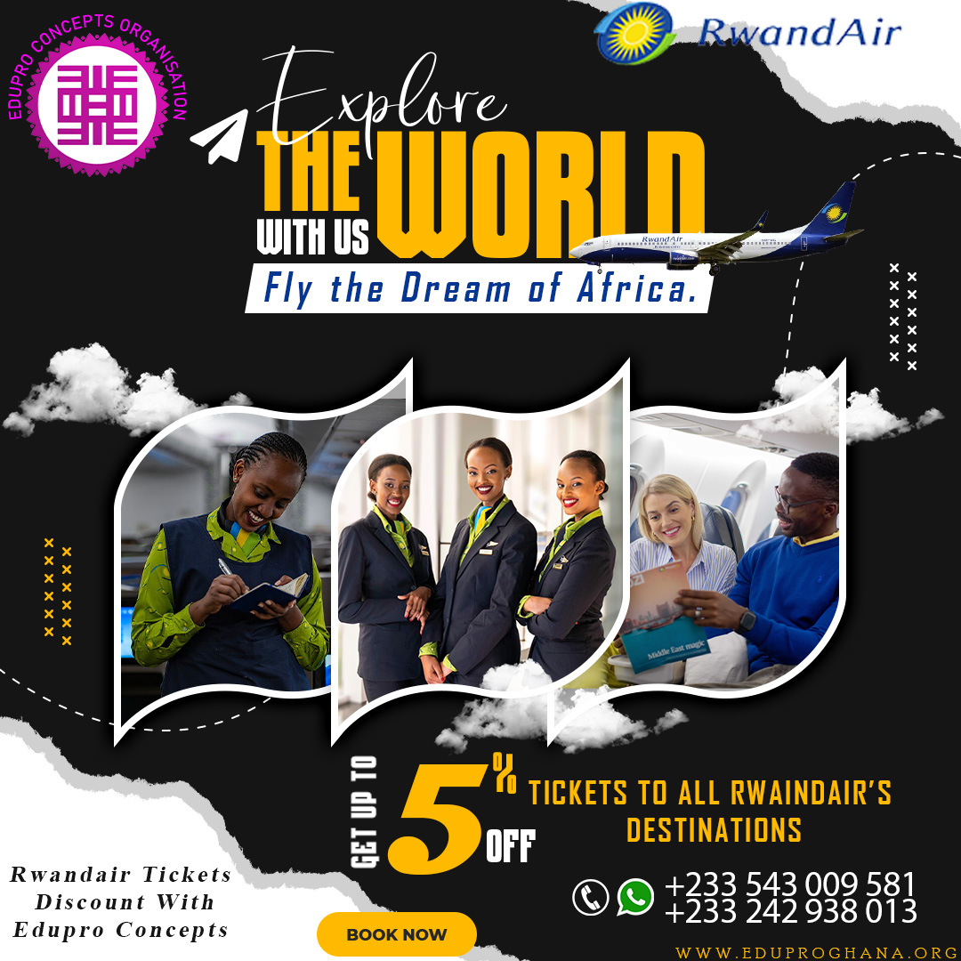 BeeEdupro's tweet photo. Take advantage of discounted air tickets from Rwandair International flight partners, Interested travelers should contact the Edupro Office for Good Deals.
.
For more Info
0242-938-013
.
#Rwandair #tickets #rwanda #International https://t.co/5igTeys2Jn