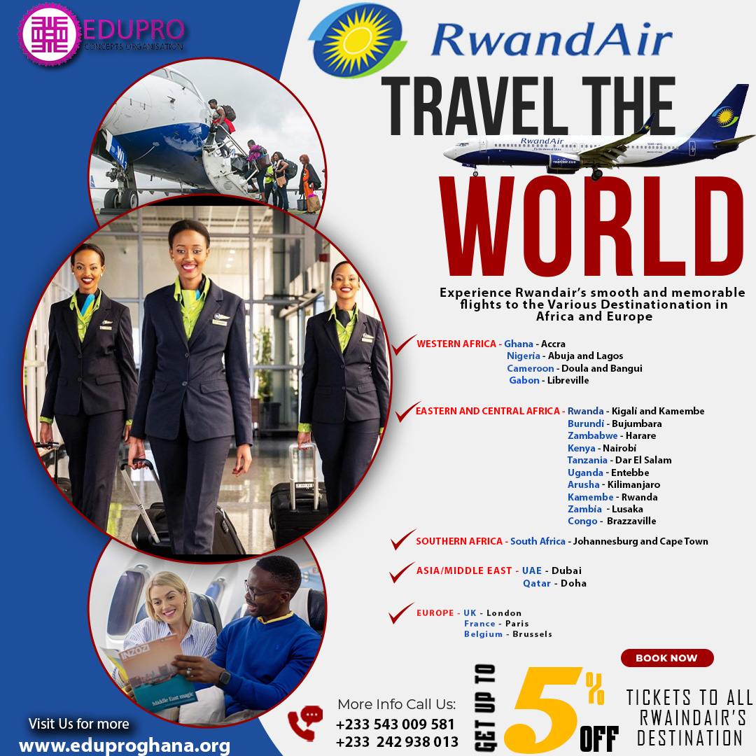 BeeEdupro's tweet photo. Take advantage of discounted air tickets from Rwandair International flight partners, Interested travelers should contact the Edupro Office for Good Deals.
.
For more Info
0242-938-013
.
#Rwandair #tickets #rwanda #International https://t.co/5igTeys2Jn