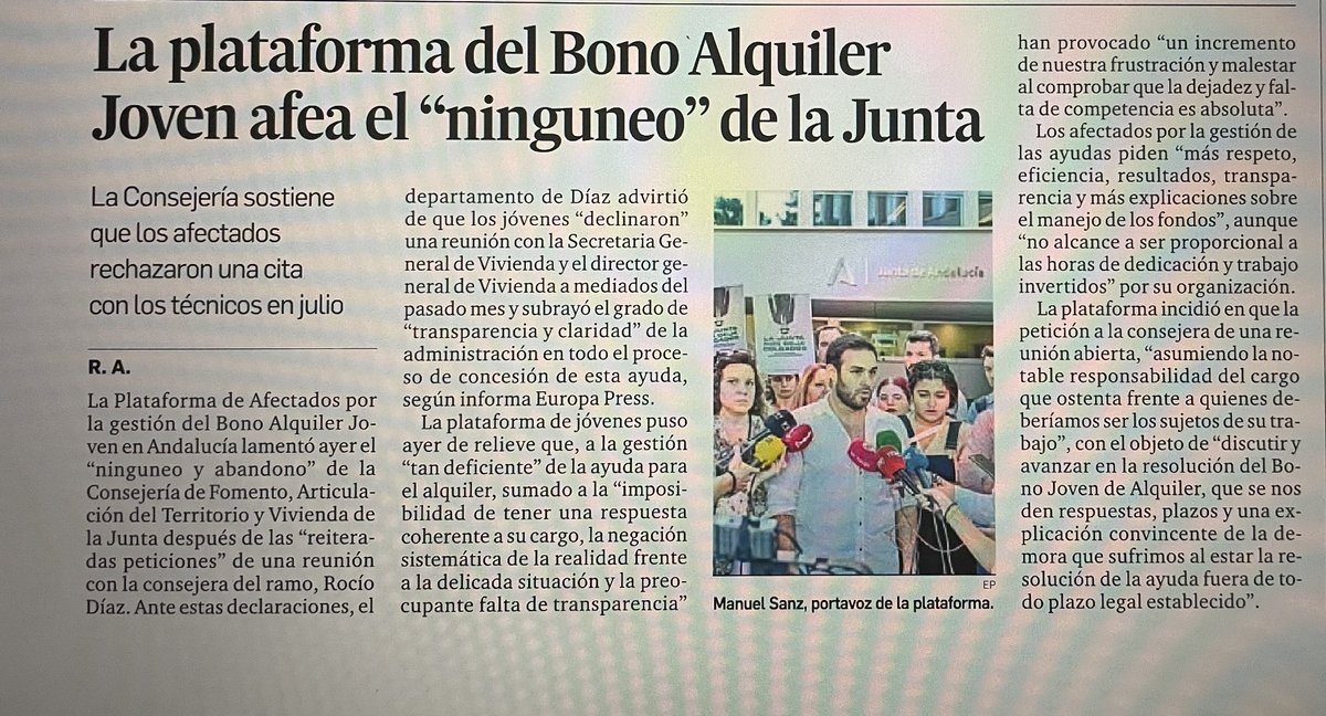 El Granada Hoy <a href="/granadahoy/">Granada Hoy</a> nos informa d ninguneo d l Junta d Andalucía a l jóvenes afectados por el impago d Bono Alquiler Joven. La desidia d Gobierno Andaluz es, sin duda, una de las causas por las que la juventud andaluza es la última a nivel nacional en emanciparse.Una pena.