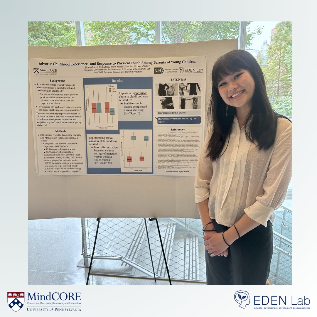 EDENLabUPenn's tweet image. Congratulations to Helena Saven (C' 26) for her incredible work this summer as a @PennMindCORE summer research fellow! 🧠🌅Helena worked under Dr. Waller to look at the effects of ACEs on adult's responses to videos of physical touch.