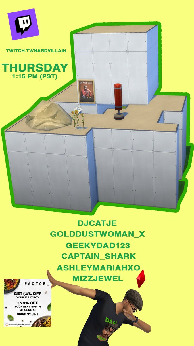 Jarnard's tweet image. Join me on Twitch today at 1:15 PM (PST) as we TOUR the VillainShell3 submissions! ️ Huge thanks to our sponsors at Factor for fueling this adventure! Enjoy 50% off your first box when you sign up. Dag Dag!  #Twitch #VillainShell3 #Factor #ad #sims4 twitch.tv/nardvillain
