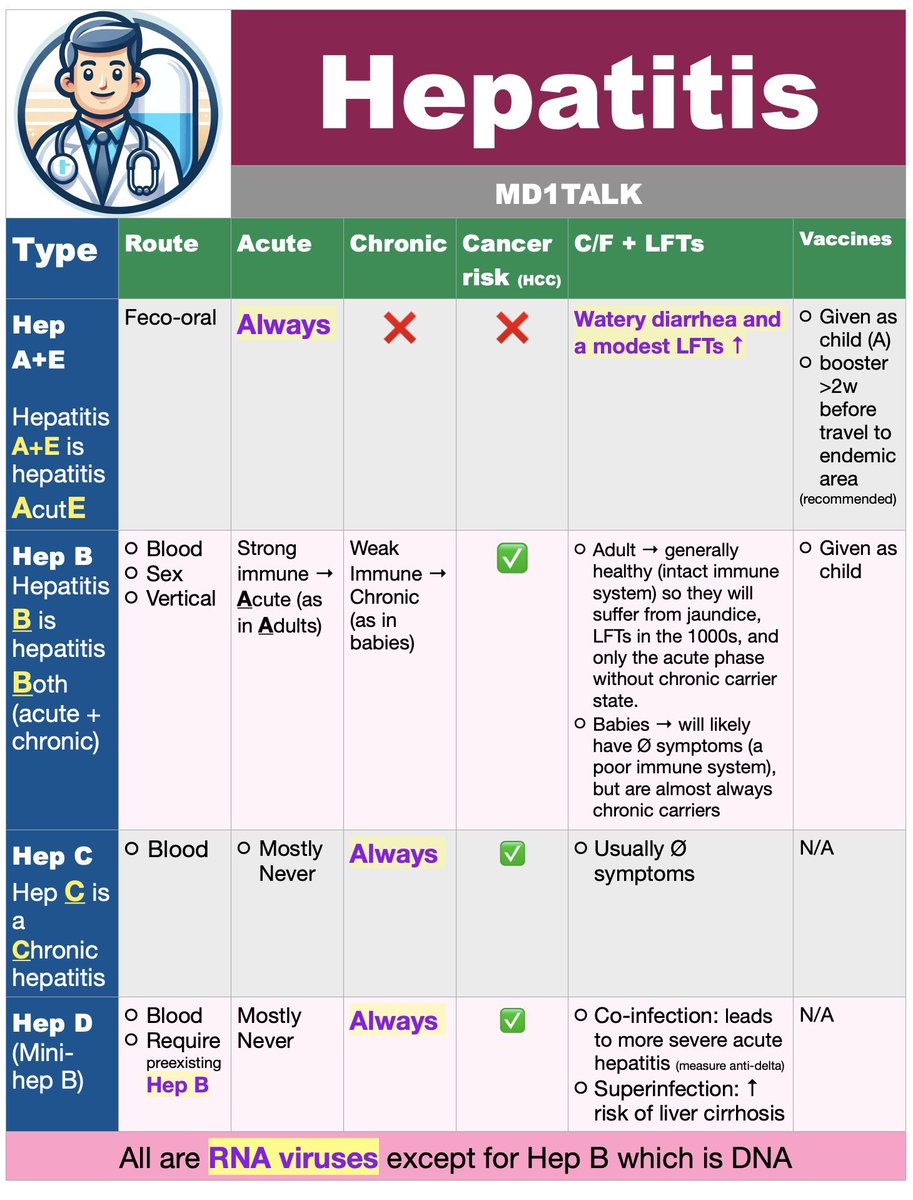 md1talk's tweet photo. كيف تعطي مقدمة عن hepatits للطلاب: 

اقولهم كلمة AcutE عشان اول واخر حرف = تمثل hepatitis A, E

فالثنين ذولي يجون AcutE 

واقولهم Hep B عشان حرف ال B = يجي Both acute & chronic 

في البالغين: acute 
وفي تطرف الاعمار: chronic 

واقولهم ان Hep C عشان حرف ال C = يجي chronic 

و Hep D = 
Defective يعني يحتاج فيروس ثاني معه عشان يسوي تاثير
