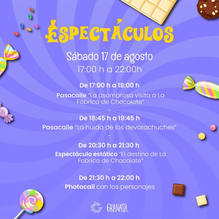 🍬 Los personajes de La Fábrica de Chocolate cobran vida en <a href="/ParqueGranaita/">Granaita</a> 🔎 Busca tu billete dorado en las piruletas distribuidas durante los pasacalles y gana cestas de chuches 🍭