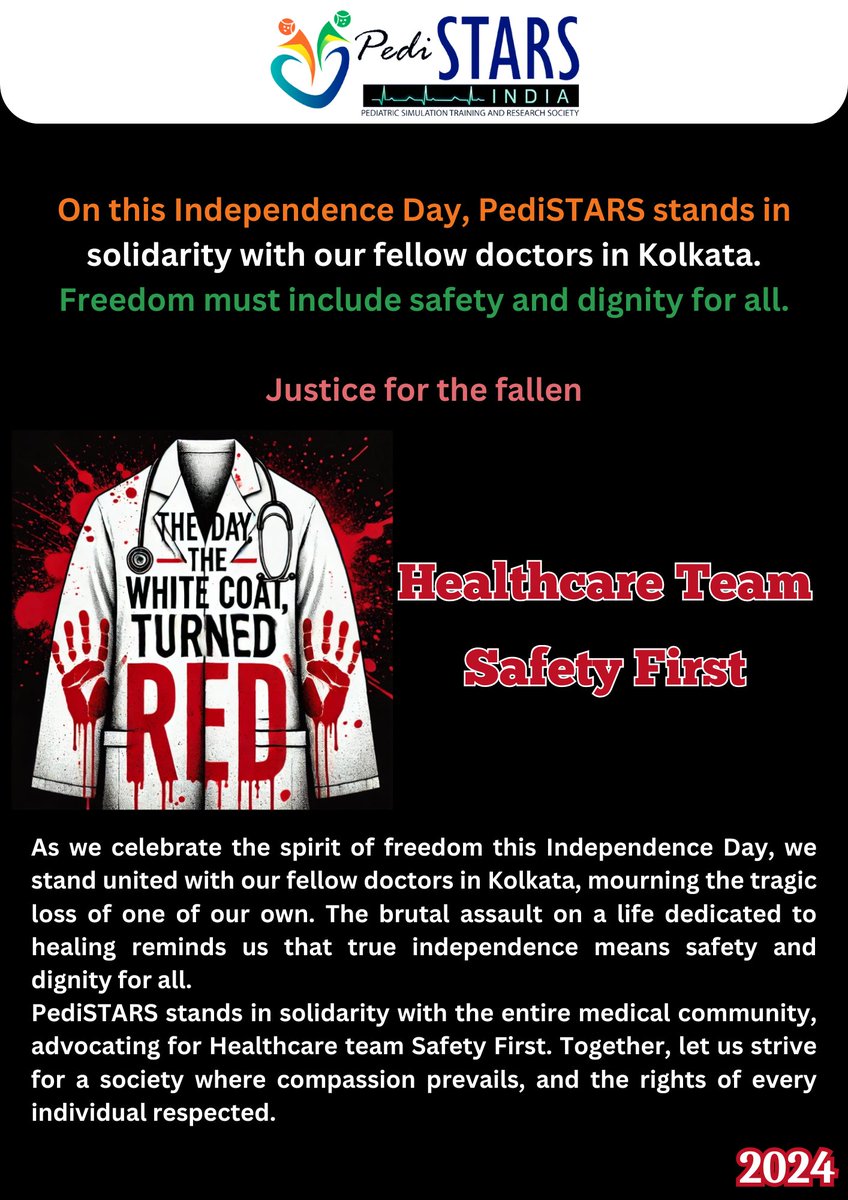 On this Independence Day, PediSTARS stands in solidarity with our fellow doctors in Kolkata. Freedom must include safety and dignity for all.

Healthcare Team: Safety First.

#IndependenceDay2024 #HealthcareHero #Safety #MedicalCommunity #RespectDignity #PediSTARS #RGKar #Kolkata