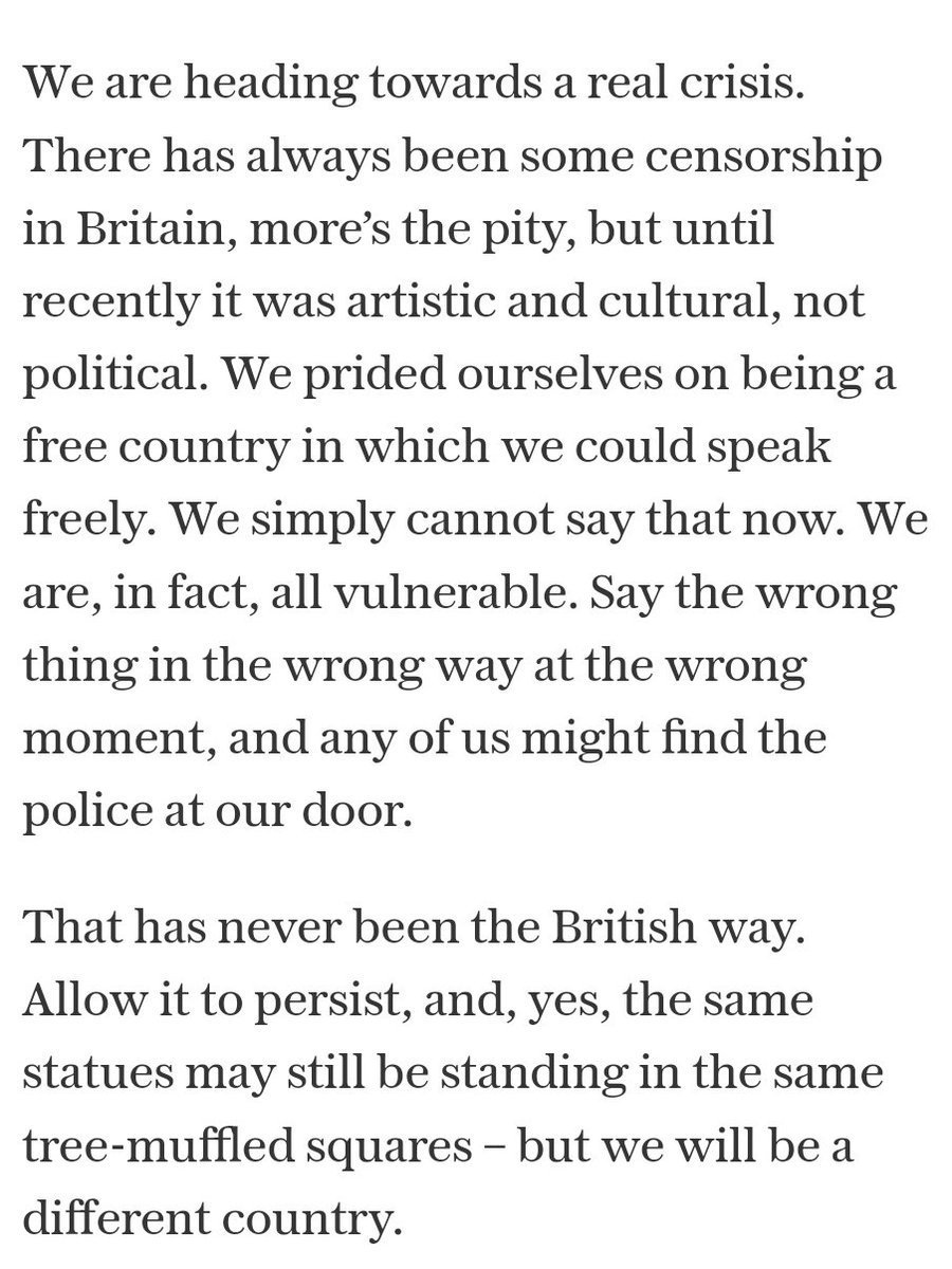 I've written tonight in <a href="/Telegraph/">The Telegraph</a> on the illiberal anti-free speech legislation already on the books in this country, laws which criminalise wide categories of speech and  messaging. 

"We prided ourselves on being a free country in which we could speak freely. We simply cannot