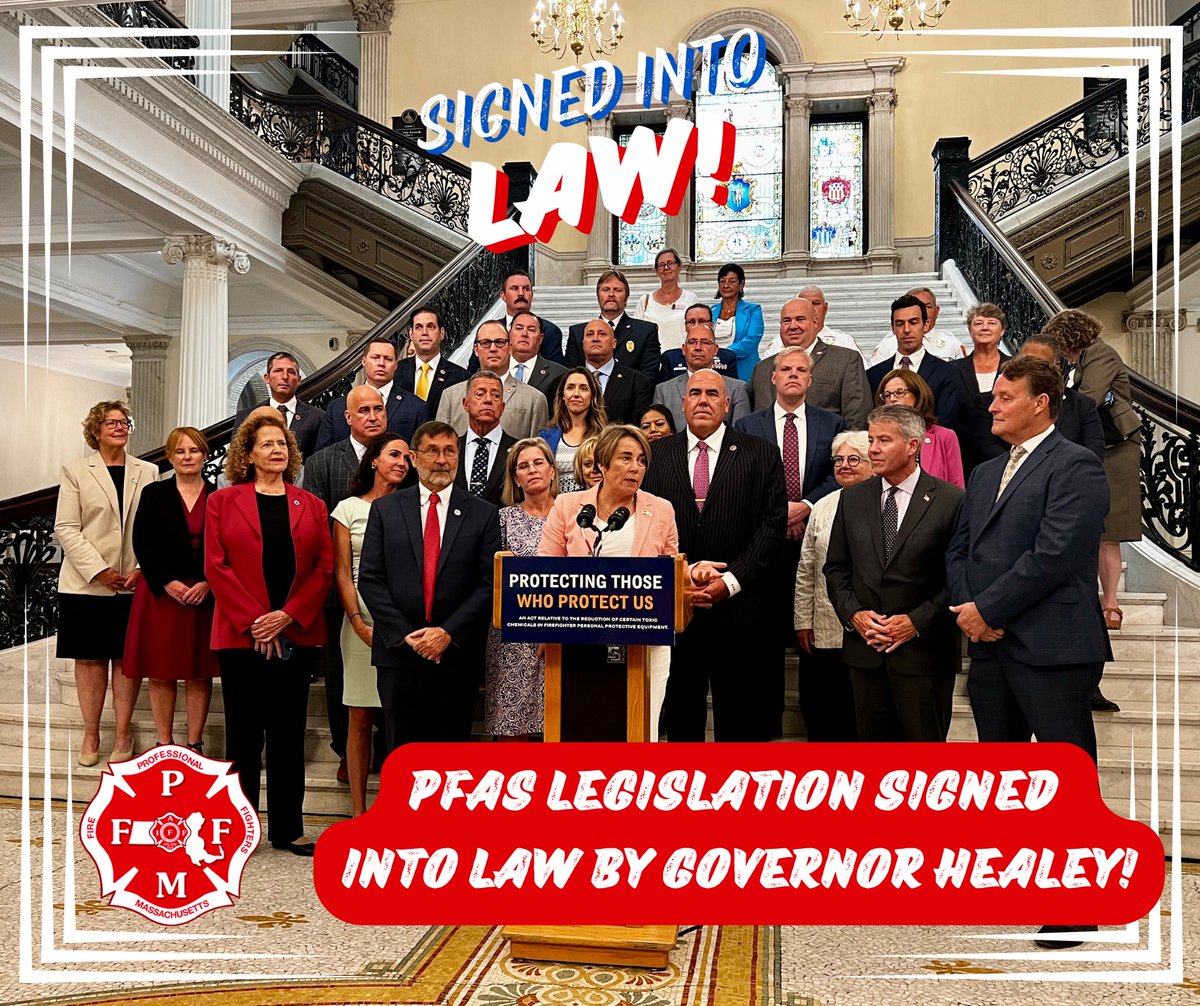 Fire Fighters of MA (@the_pffm) on Twitter photo Thank you Governor <a href="/maura_healey/">Maura Healey</a> for signing our PFAS legislation into law today!
This law will ban the sale or manufacture of fire gear containing PFAS chemicals beginning in 2027. MA will be the first state in the nation to ban these cancer causing chemicals from fire gear. Thank you Governor <a href="/maura_healey/">Maura Healey</a> for signing our PFAS legislation into law today!
This law will ban the sale or manufacture of fire gear containing PFAS chemicals beginning in 2027. MA will be the first state in the nation to ban these cancer causing chemicals from fire gear.