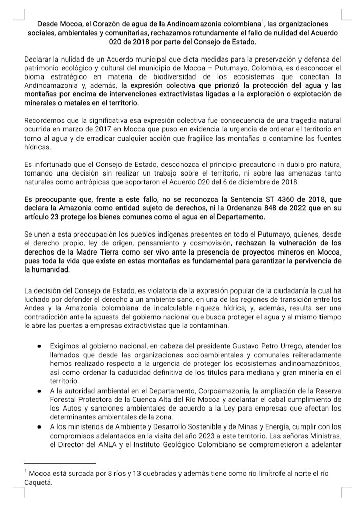 AmazonaMocoa's tweet photo. Desde Mocoa, el Corazón de agua de la Andinoamazonia colombiana, las organizaciones sociales, ambientales y comunitarias, rechazamos rotundamente el fallo de nulidad del Acuerdo 020 de 2018 por parte del Consejo de Estado.
#MocoaCorazonAndinoamazonia
#MocoaLibreDeMineria https://t.co/yYP8apQEQx