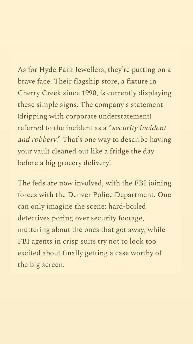 Credit: King Flum screwdowncrown.com/p/cherry-creek…

Rumor has it that the @hydepark_jewelers heist was one for the books.

This article by <a href="/kingflum/">Flum</a> confirms what I have been hearing …

The thieves came in through a wall during the night of 7/21 and 7/22