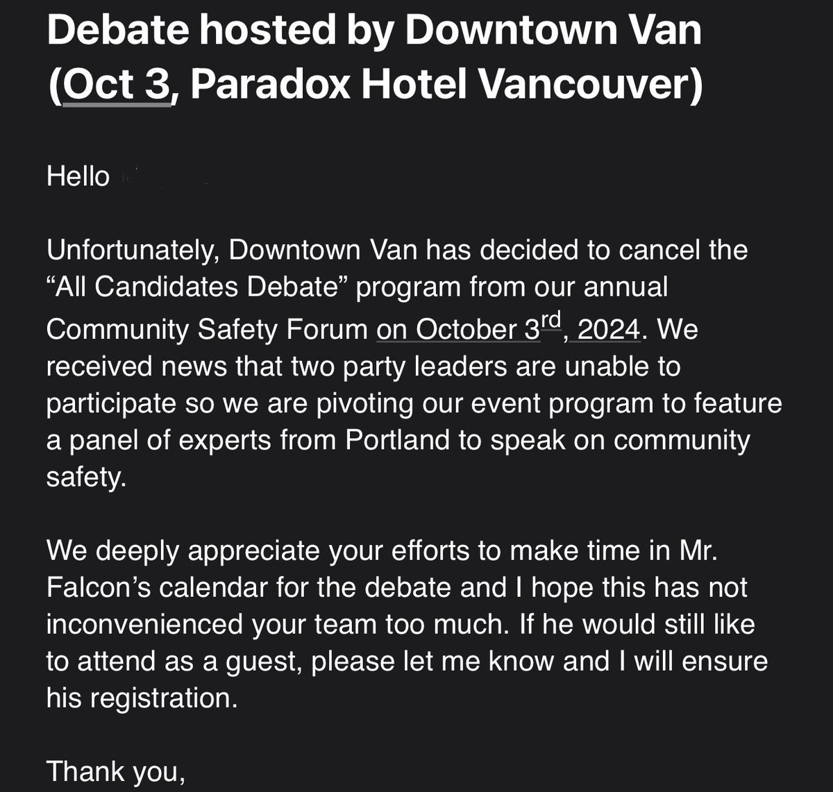 Another debate cancelled because leaders are too afraid to defend their records and their policies. 

This makes three debates cancelled, so far. 

Don’t you think if someone wants to be Premier they should be willing to debate their plans for BC?

What say you? <a href="/Dave_Eby/">David Eby</a>