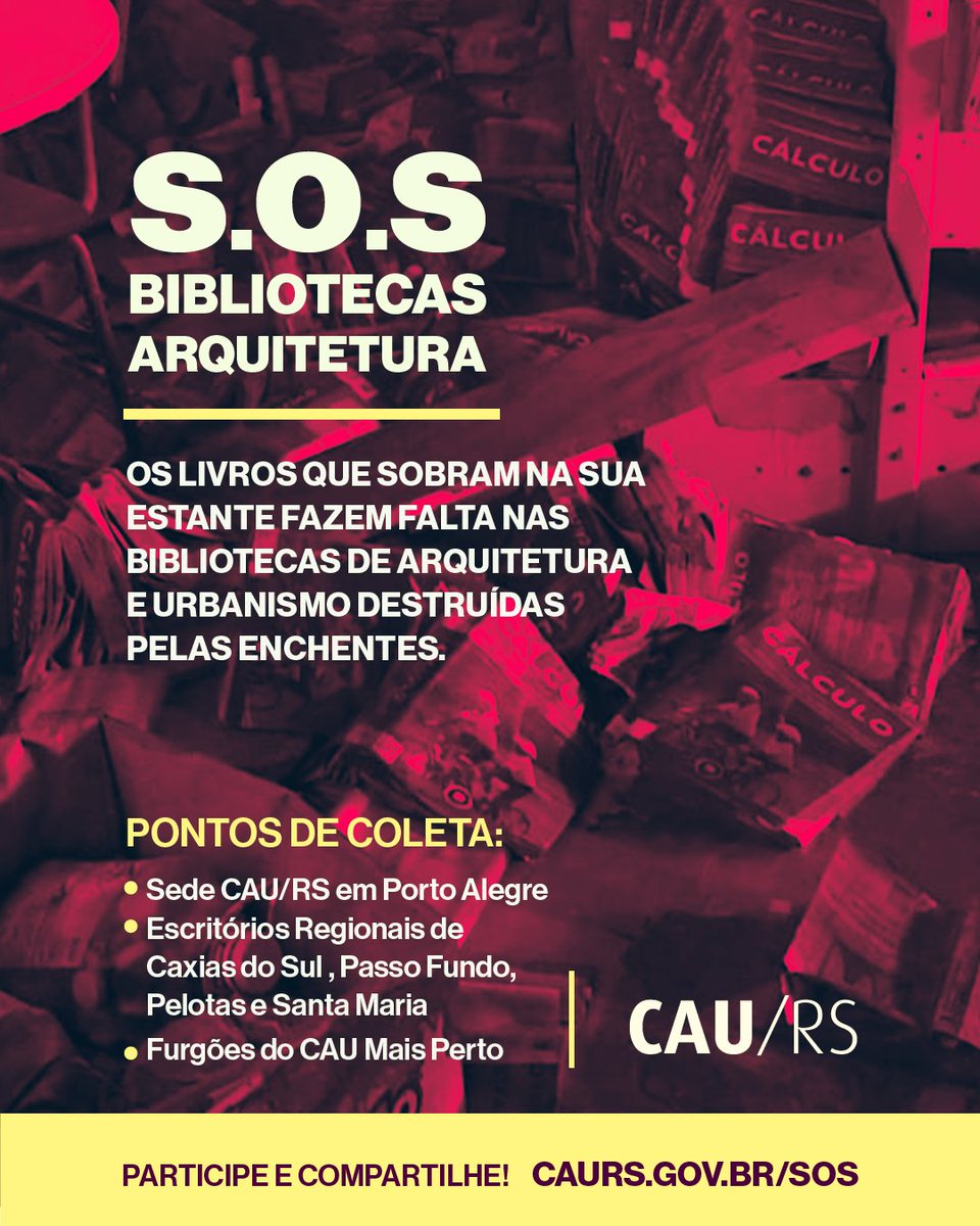 caursoficial's tweet photo. Tem livros de arquitetura e urbanismo sobrando na estante? Que tal doar para bibliotecas de faculdades atingidas pelas enchentes em PoA? O CAU/RS lançou uma campanha para recompor os acervos das faculdades @uniftec e São Francisco de Assis. Veja onde doar! https://t.co/QZDuDj35ki