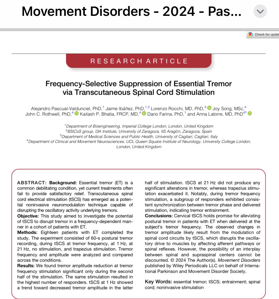 Kailash Bhatia, (@kailashbhatia) on Twitter photo Interesting study by Latorre et al . Transcutaneous spinal cord stimulation for essential tremor- does it open the way for non-invasive methods to modulate ET? <a href="/MichaelOkun/">Michael Okun</a> <a href="/mmerello/">Marcelo Merello</a>
https:…mentdisorders.onlinelibrary.wiley.com/doi/pdfdirect/… Interesting study by Latorre et al . Transcutaneous spinal cord stimulation for essential tremor- does it open the way for non-invasive methods to modulate ET? <a href="/MichaelOkun/">Michael Okun</a> <a href="/mmerello/">Marcelo Merello</a>
https:…mentdisorders.onlinelibrary.wiley.com/doi/pdfdirect/…