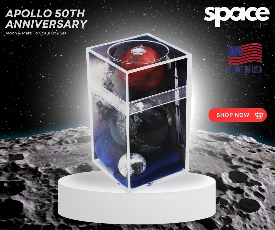 spacestoreusa's tweet photo. Apollo 50th Anniversary Earth, Moon &amp; Mars To Scale Box Set https://t.co/v59dVZPiuf