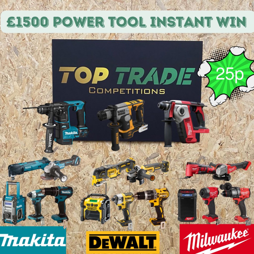 POWERTOOL INSTANT WIN !! 

So many chances to win on this one with £1500 worth of prizes up for grabs

Chose from Dewalt, Makita or Milwaukee if you find a winning ticket 🎉

Enter here: 
toptradecompetitions.co.uk