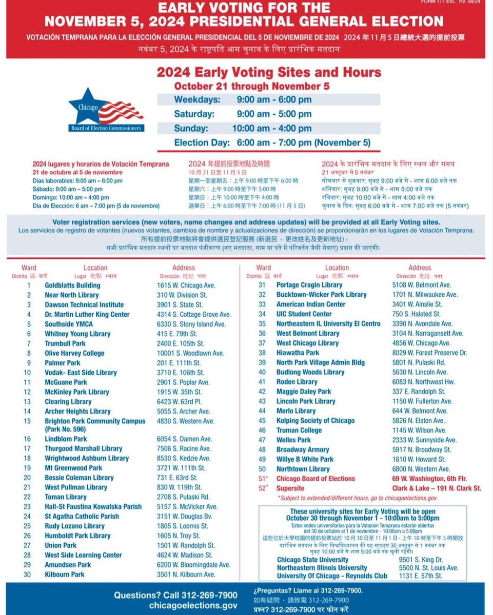 Making a plan to vote? Early voting in all of 50Wards of Chicago begins October 21, 2024! For more information on Early Voting in Chicago, go to: chicagoelections.gov/voting/early-v…
